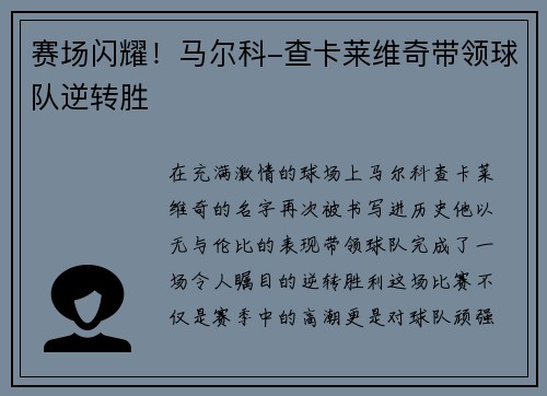 赛场闪耀！马尔科-查卡莱维奇带领球队逆转胜