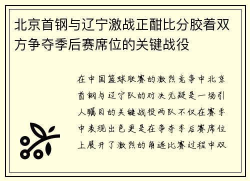 北京首钢与辽宁激战正酣比分胶着双方争夺季后赛席位的关键战役